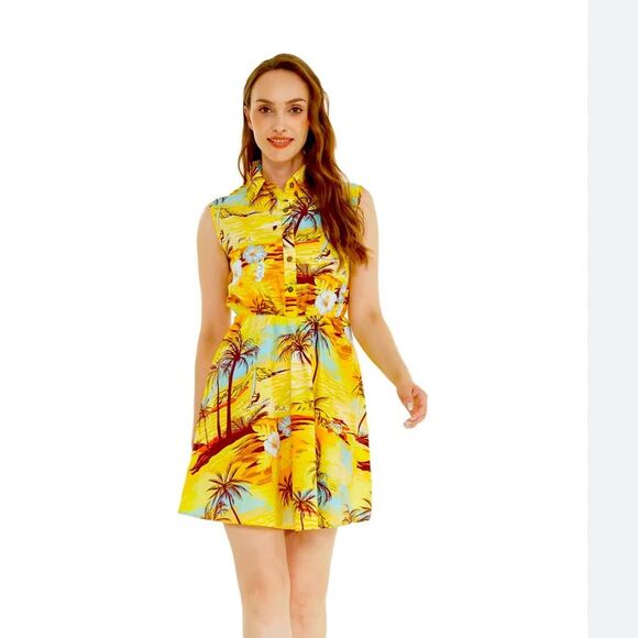Hawaii Hangover Tropical Yellow Sleeveless Collared shirt Dress turtles! Small - Picture 3 of 10